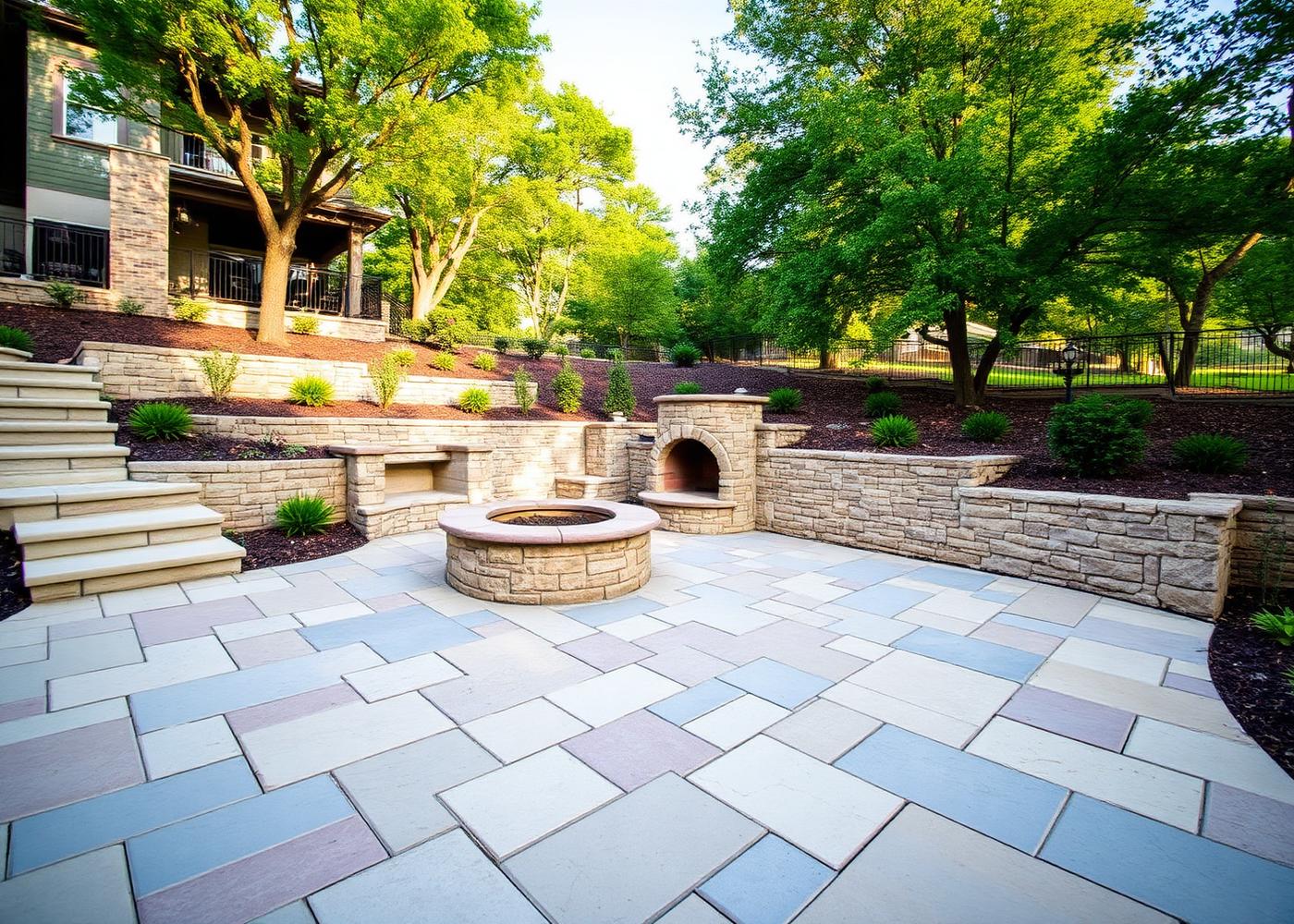 Stone hardscape patio with retaining wall — reference imagery