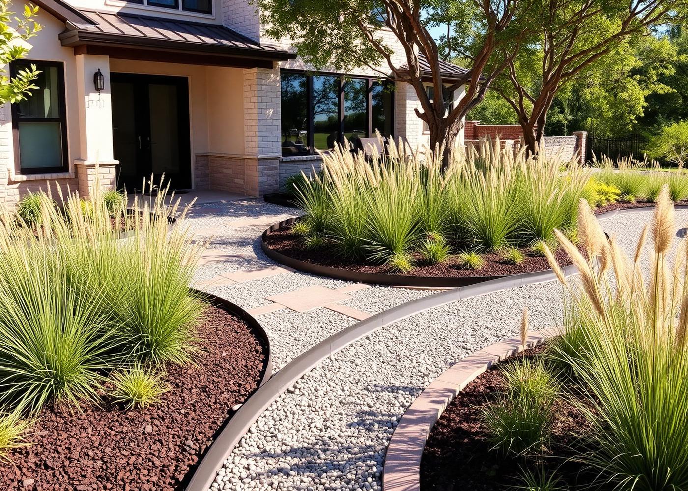 Landscaped residential yard with layered planting beds