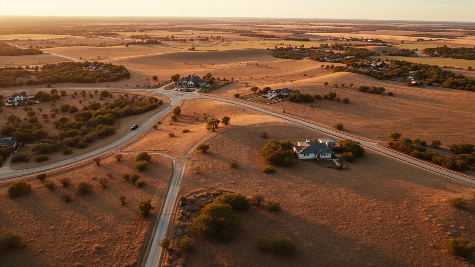 Aerial view of Texas countryside and properties